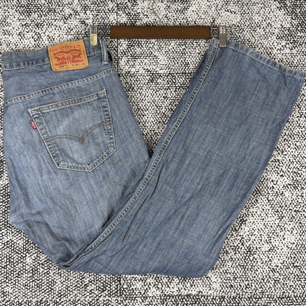 Levis 569 Straight Distressed Blue Jeans‎ Mens 34 X 34 (FITS 36 X 33) Cotton
